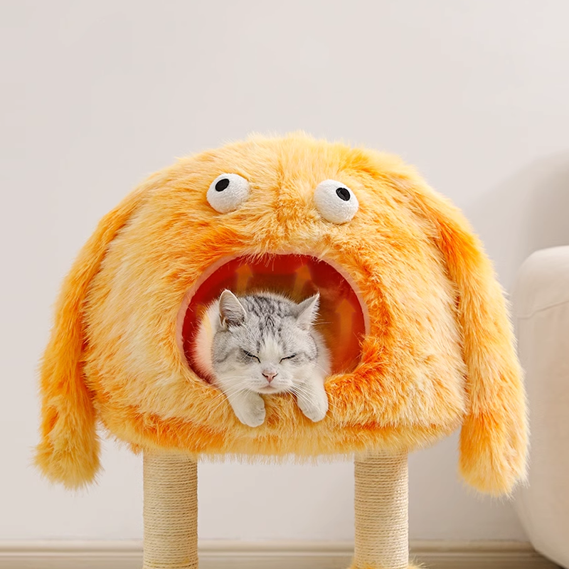 Monster Cat tree Cat Climbing Frame yellow, Plush Cute Cat Tree Tower for Indoor Cat