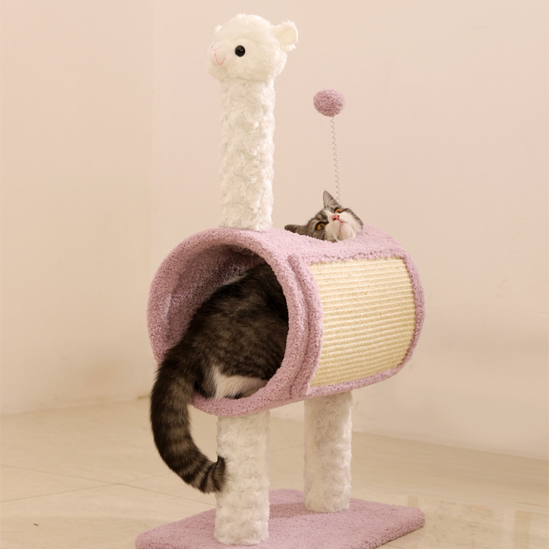 Alpaca Cat tree Cat Tunnel with Scratching Post Tall Cat Tree Tower for Indoor