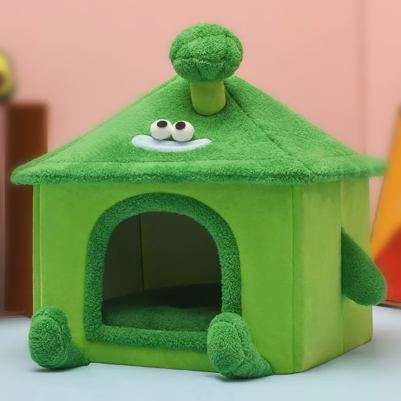 Enclosed Indoor Dog House with Broccoli Toy, Igloo Cave for Cats - DeeplPet