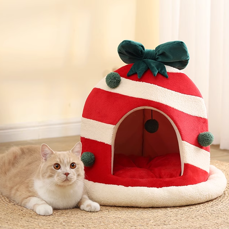 Christmas Gift Box Cat Bed Winter Warm Cave - DeeplPet