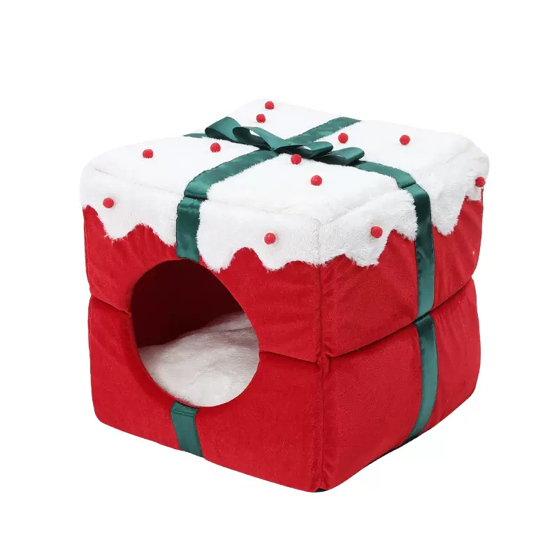 Christmas Gift Box Cat Bed Winter Warm Cave - DeeplPet