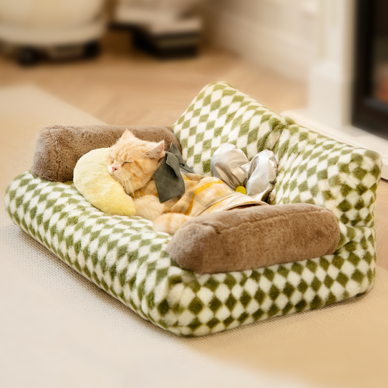 New Large Retro Diamond Grid Cat Bed Fluffy Couch Sofa - DeeplPet