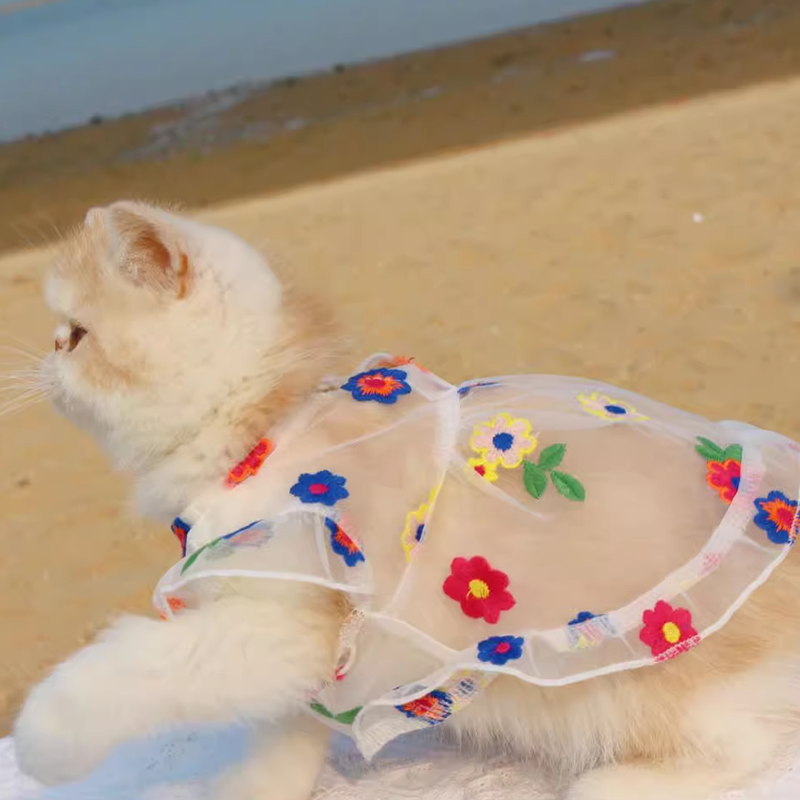 flower embroidery Cute Cat Vest embroidery cat dress - DeeplPet